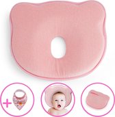 Baby IQ Orthopedisch baby hoofdkussen – Traagschuim – Tegen plat achterhoofd – Kraamcadeau –Roze – Incl Bandana Slabber