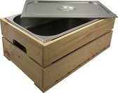 Houten kist. Naturel (set van drie kisten)  Van zeer stevige kwaliteit.   -  (geschikt voor binnenbak chafing dish  - Gastronormbak GN 1/1 , ook de buitenbak/waterbak past in dit model kist )