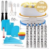 MaxedMore 106-Delige Luxe Taart Decoratie Set - Met E-Book - Benodigdheden voor het Decoreren van Taarten en Cupcakes - Taartdecoratie voor Verjaardag - Verjaardagstaart Versiering - Draaibaar Taartplateau op Voet - Nylon en Wegwerp Spuitzak
