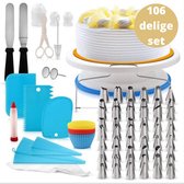 MaxedMore 106-Delige Luxe Taart Decoratie Set - Met E-Book - Benodigdheden voor het Decoreren van Taarten en Cupcakes - Taartdecoratie voor Verjaardag - Verjaardagstaart Versiering - Draaibaar Taartplateau op Voet - Nylon en Wegwerp Spuitzak