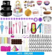 Taart en Cake Decoratie Set - 411 Delige - Taart Bakken Accessoires Set – Taartversiering - Draaiplateau - RVS Spuitmondjes