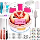 Taart en Cake Decoratie Set – Taart Bakken Accessoires Set – Taartversiering - Draaiplateau - RVS Spuitmondjes - 129 Delige