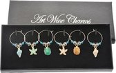 Glasmarker - Art Wine Charms  - cadeau - Wijnglasdecoratie - decoratie voet wijnglas - zee figuurtjes - schelp - zeester - hangers met bedeltjes - diner