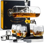 Whisiskey Whiskey Karaf - Luxe Whisky Karaf Set Zeilschip - 1L - Decanteer Karaf - Zeilboot - Whiskey Set - Incl. 4 Whiskey Stones, Schenktuit, tap & 4 Whiskey Glazen - Peaky Blinders - Cadeau voor Man & Vrouw - Sinterklaas Cadeautjes