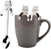 4 Theelepels Hangende Kat - Katten Koffielepel - RVS - Zilverkleurig