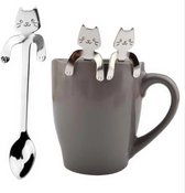 4 Theelepels Hangende Kat - Katten Koffielepel - RVS - Zilverkleurig