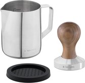 Navaris koffie en espresso tamper - Stamper voor het aandrukken van gemalen koffie - Inclusief melkkannetje - Van roestvrij staal en hout - Ø 51 mm