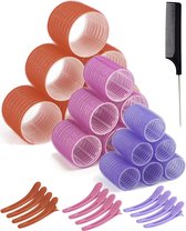 PrimeAmbition Krulspelden Set – 18 Stuks – 3 Maten – Heatless Curls – Haarrollers – Haarkruller – Kleefrollers – Inclusief Kam en 12 Haarklemmen