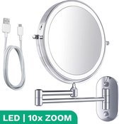 Make Up Spiegel met Led Verlichting - 10X Vergroting - Wandspiegel Rond - Scheerspiegel Wandmodel - Badkamer - Douche - Chroom