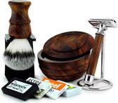 Houten set voor nat scheren voor Heren Veiligheidsscheermes Scheerborstel houder met synthetische haren haar, kom en zeep (Wooden Shaving Set)