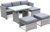 Tuinset 6 plaatsen - Reggiano - hars : grijs, kussens: grijs - Tuintafel met sofa, chaise longue en 2 inschuifbare poefs