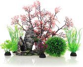 Iconitures Aquariumplantenset met rots - Aquarium decoratie - Kunststof - 7 stuks