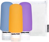 TRVLMORE Silicone Reisflesjes - Navulbaar - Handbagage - 100 ML - 3 Stuks - Oranje/Paars/Blauw