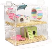 Hamsterkooi - Luxe Hamsterkooi met Speelgoed – Knaagdierkooi – Hamster Huisje – 2 Verdiepingen – 30 x 20 x 30 cm – Transparant