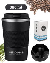 Mmoods Thermosbeker voor Koffie en Thee 380ml - Koffiebeker To Go - Reisbeker voor Auto - Herbruikbare Drinkfes voor Warme en Koude Dranken - Ecologische Thermoskan Zwart Geschenk