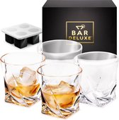 Whiskey Glazen Set van BarDeluxe® - 4 Stuks Kristallen Glazen - Handgemaakt - Luxe Geschenkdoos - Inclusief Premium IJsblokjesvorm - Cadeau voor Man