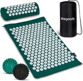 LifeGoods Acupressuur Mat met Kussen - Spijkermat Incl. 2x Triggerpoint Bal - Draagtas - 66x40x2cm - Groen/Wit