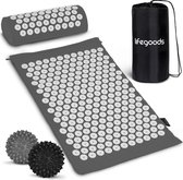 LifeGoods Acupressuur Mat met Kussen - Spijkermat Incl. 2x Triggerpoint Bal - 66x40x2cm - Grijs/Wit