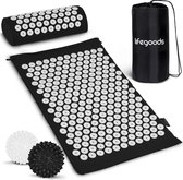 LifeGoods Acupressuur Mat met Kussen - Spijkermat Incl. 2x Triggerpoint Bal - 66x40x2cm - Zwart/Wit