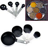 Complete 8-Delige Maatbeker & Maatlepel Set - Meetlepels Maatcups - Koffie/Thee/Kruiden/Voedsel Measuring Cups Spoons - Maatschepjes & Bekers Cups - Plastic/RVS - Grammen & ML Afwegen - Maatschep Set Van 8 Stuks - Zwart