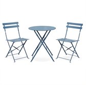 EMILIA bistroset - 2 inklapbare stoelen en een ronde tafel van gepoedercoat staal met matte afwerking – blauwgrijs