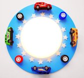 Funnylight baby en kinderlamp LED Happy jeans blauw met stoere rally auto's en glow in the dark sterren- Trendy plafonniere voor de kids slaapkamer met glow in the dark sterren