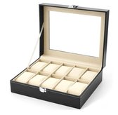 A&K Horlogedoos | Luxe Leren Horloge Box | Geschikt voor Horloges en Sieraden | 10 Compartimenten met 10 Kussentjes | Zwart Leer