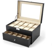 A&K Horlogedoos | Luxe Leren Horloge Box | Geschikt voor Horloges en Sieraden | 20 Compartimenten met 20 Kussentjes | Zwart Leer V2.0