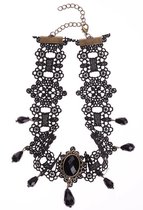 Gothic Choker Zwarte Robijn - Festival Punk Ketting - Druppel Zwart gevlochten - 37 cm - 1 stuks