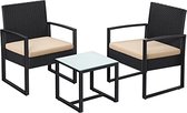 Balkonmeubel- Tuinmeubelset- Gemaakt van PE polyrattan- Loungeset- Tafel en 2 stoelen- Terrasmeubilair- Eenvoudige montage- Buiten- Voor terras- Balkon- Tuin- Zwart-Beige