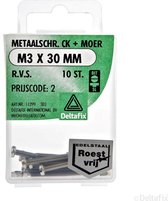 Deltafix. Metaalschr. Cilinder-gleuf-kop.+ Moer M3 x 30 mm R.V.S., 10 Stuks bouten met moeren.