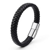 Gevlochten Leren Armband met Stalen Sluiting - Zwart - Armband Mannen - Armband Heren - Heren Armband - Vaderdag Cadeau - Vaderdag Kados - Vader Cadeautjes