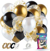 Fissaly® 40 stuks Goud, Zwart & Wit Helium Ballonnen met Lint – Versiering Decoratie – Papieren Confetti – Latex