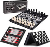 Allerion 3-in-1 Schaakbord Set – Schaken, Dammen, Backgammon – Magnetisch Schaakbord – Reis Spel – 25cm x 25cm