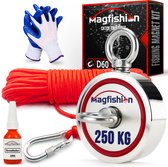 Magfishion Dubbelzijdige Magneetvissen Set - 250 KG - Vismagneet - 20 Meter Lang Touw + Karabijnhaak met Schroefsluiting - Handschoenen - Borgmiddel - Magneetvissen Starterspakket - Magneet Vissen - Outdoor