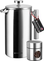 Rochester French Press - Cafetiere met Bonenpotje - Koffiemaker - 1 Liter - Vaatwasserbestendig – Dubbelwandig - RVS