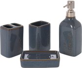 Badkamerset 4-delig grijs/blauw keramiek - Toilet/badkamer accessoires - zeepbakje - tandenborstel beker - zeeppompje