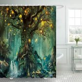 Ulticool Douchegordijn - Sprookje Elf Boom Magisch Bos Natuur - 180 x 200 cm - semi Transparant - met 12 Ringen Wit - anti Schimmel - Groen