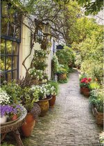 PB-Collection - Tuinschilderij - Flower Alley - 50x70cm - Steeg - Steegje - Bloemen - Potten - Tuin decoratie - Schilderij buiten - Canvas - Tuin poster - Tuinposter