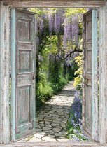 Tuindoek - 95x130 cm - doorkijk openslaande houten deuren naar Laan met blauwe regen - tuinposter - tuin decoratie - tuinposters buiten - tuinschilderij