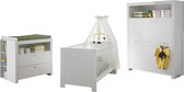 Olja babykamer set, ledikant, commode met plank achter en 3-deurs kast, wit.