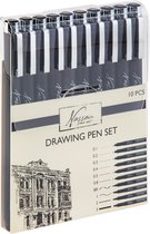 Set van 10 zwarte Nassau Fine Art pigment Fineliners | Tekenpennen voor volwassenen | 9 fineliners zwart + 1 Zwarte brush pen | Drawing pen | Schetspen - Tekenen - Tekenenpen - Kalligrafeerpen - Inktstiften