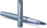 Vector XL rollerballpen | metallic zilverblauwe lak op messing met chroom detail | fijne penpunt met zwarte inkt navulling | cadeauverpakking