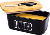 KitchenMonster® Botervloot met Botermes - 600 ml Botervlootje Vershouddoos van Porselein en Bamboe - Botervloot met Deksel Zwart