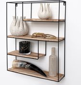 Zwart metalen wandrek industrieel met 4 houten plankjes - Rechthoek - 55x45x11 cm