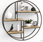 Gadgy Wandrek Industrieel – Rond met 4 Houten Planken - Wandrekken - Wanddecoratie Industrieel - Muurdecoratie Metaal – Ø 42x10 cm