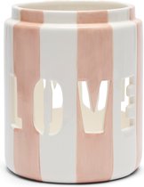 Riviera Maison Windlicht Porselein Gesptreept met tekst - RM Love Hurricane - Roze/ Wit - Porselein