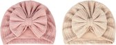 2 Stuks - Meisjes Babymutsjes Tulband - Grote Strik - Roze Beige - 3-15 mnd