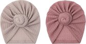 2 Stuks - Meisjes Babymutsjes Tulband - Roze Taupe - 3-15 mnd