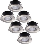 HOFTRONIC Venezia - Set van 6 LED inbouwspots RVS - IP65 waterdicht - Dimbaar - 6 Watt 600 lumen - Met lichtbron - 2700K Warm wit licht - Zaagmaat 65mm - inbouwdiepte 45mm - Geschikt voor badkamer, woonkamer, veranda en carport - 3 jaar garantie